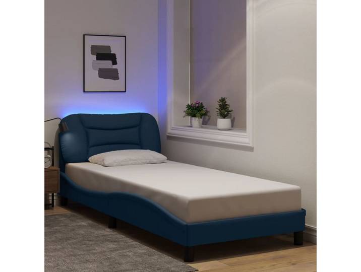 furnicato Bettgestell Hvar 218 x 85 x 74,5 cm Blau Stoff Massivholz mit LED (1-tlg), Farbenfrohes Einzelbett mit LED-Beleuchtung und Wellendesign