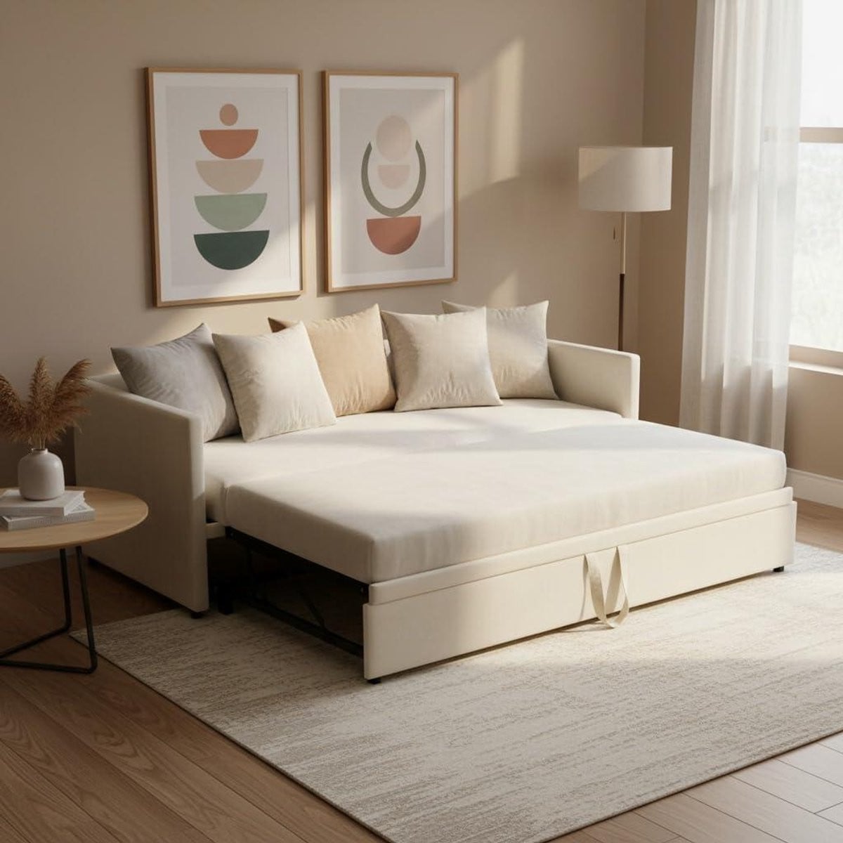 Multifunctioneel uitschuibaar dagbed en slaapbank in beige met afmetingen 180 x 200 cm