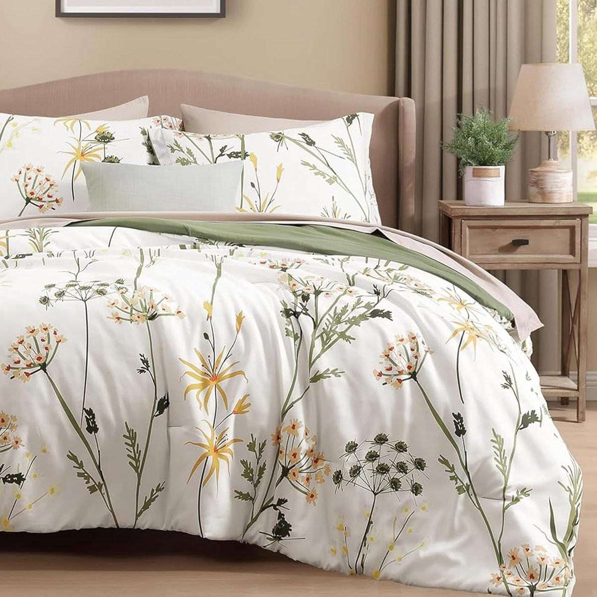 Dekbedovertrek Set met Bloemenprint in Seersucker Stijl - Wit Groen - Queen 7 Delig