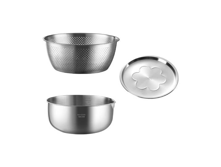 Maxcook Lot de 3 bols de mélange en acier inoxydable 304, 22 cm, avec bouchon d’évacuation et couvercle, robustes, bords plus profonds, finition miroir, compatibles lave-vaisselle, MCWA9907