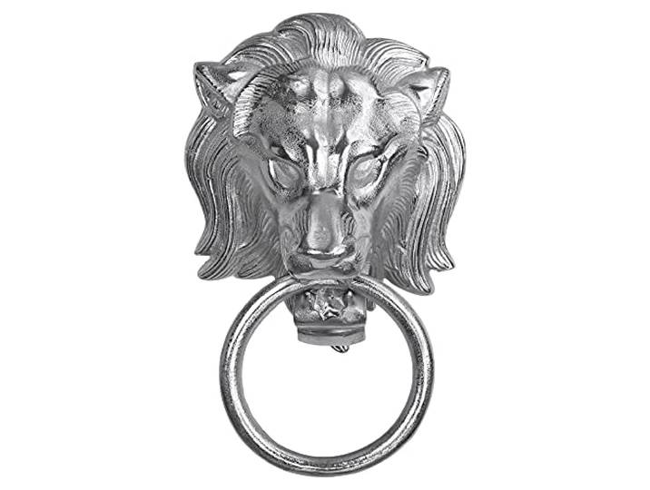 WOMO-DESIGN Handtuchhalter Löwenkopf mit Ring, aus Aluminium vernickelt, Unikat, Silber, (BxH): 10x31 cm, Designer Löwenkopf, Handtuchring Türklopfer Löwe Lion Wandfigur WC Bad Dekoration Accessoire