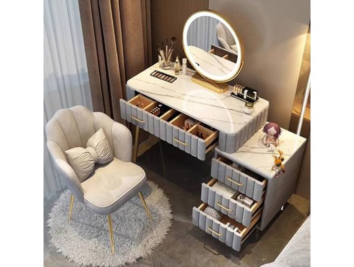 Frisiertisch Schieferplatte, Elegante Kosmetik Konsole mit 5 Schubladen Die ideale Kosmetik-Station für Ihr Zuhause. Aus edlem Schieferstein, Samt und Holz. Einfache Montage durch 1 Person