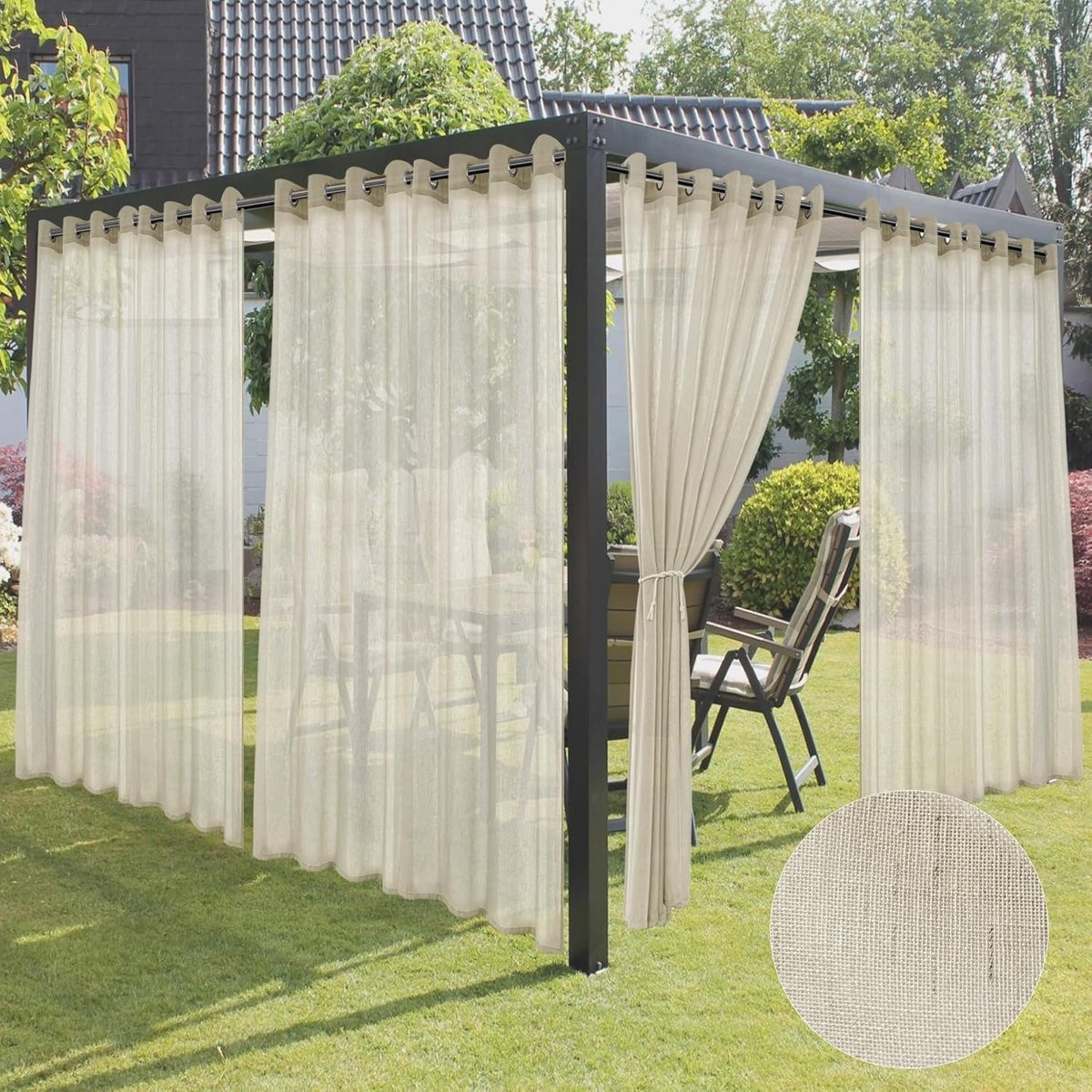 Set van 4 waterdichte buitengordijnen in linnenlook, semi-transparant, 285 x 221 cm
