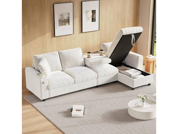 Merax Sofa Ecksofa mit Stauraum und Schlaffunktion, Multifunktionalen 4-Sitzer Couch mit Ausklappbarem Couchtisch, Getränkehalter, Armlehnen-Staufächern und USB+Type C, Bequeme Chenille Stoff, Beige