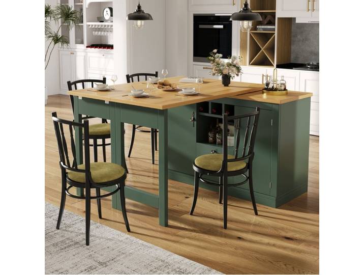 Buffet bas bar extensible 120-180 x 40 x 76 cm en MDF vert antique pivot 360° avec rangements porte-bouteilles tiroirs