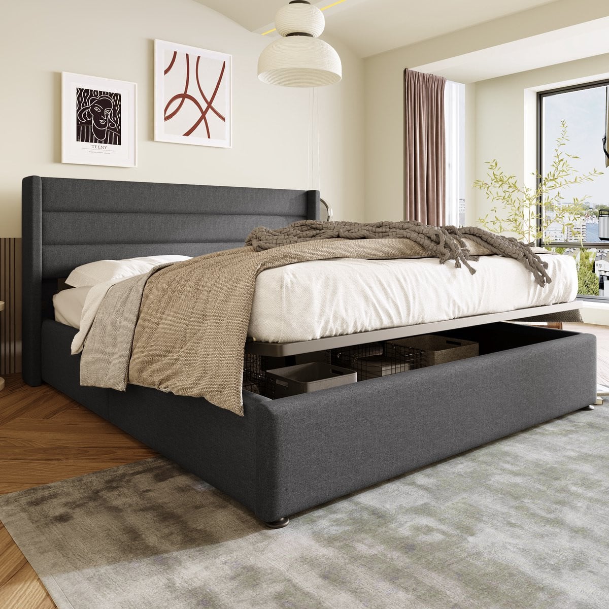 Polsterbed Stauraumbed 160x200 cm - Modern opbergbed met hydraulisch liftmechanisme en lattenbodem - Grijs/Beige linnen textiel