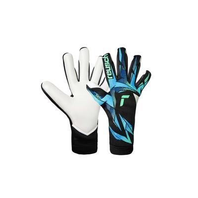 Torwarthandschuhe REUSCH "Attrakt RE:GRIP Strapless", Damen, Gr. 10, schwarz, hellblau, 55% Polyester, 44% Latex, 1% Baumwolle, Handschuhe, mit griffigem Profi-Haftschaum