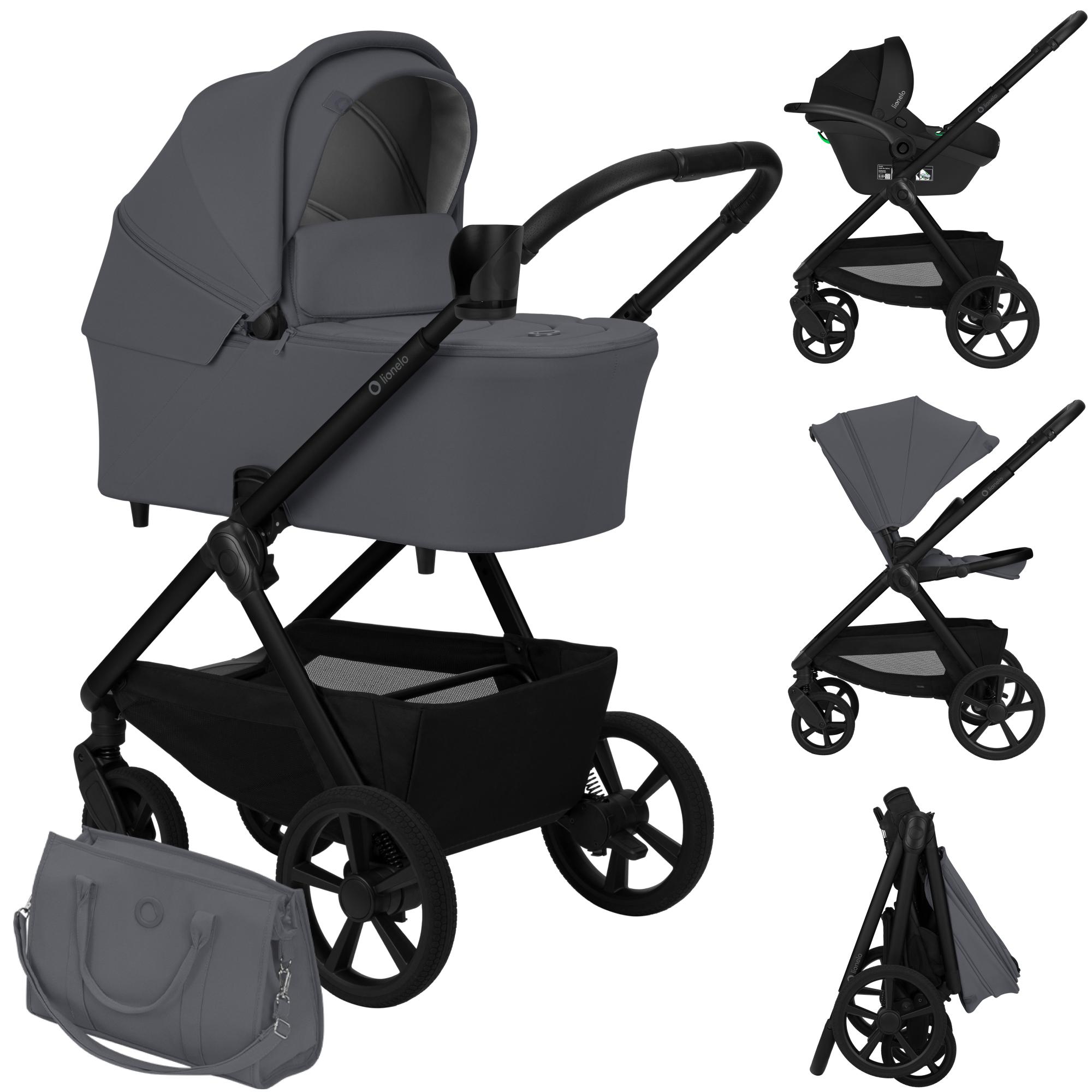 Lionelo Kinderwagen Carmine 3in1 mit Autositz i-Size, Babywanne & Buggy, GravelTech Räder, Federung, UPF50+ Grau