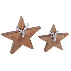 Amagohome Holzfigur Stern 2er Set mit Hirschkopf Größe 25/19cm Masterbox 10-teilig Aufsteller Mangoholz