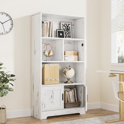 Garvee Farmhouse Bookshelf with Doors – White 3-Tier Bookcase, Display Cabinet with Lights for Living Room, Bedroom, Office