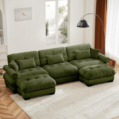"GDFStudio - Thalassia Velvet 3-Seater 130"" Sofa and Dual Movable Ottomans With Pillows"