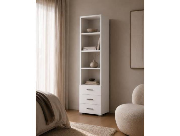 Elvora DESIGN. Regal Weiß MODERA, Wohnzimmerschrank 4 Fach und 3 Schubladen Griffe in Metalloptik, Minimalistisch, Skandinavisch, Wohnzimmer, Büro, Stabile Konstruktion, Pflegeleicht, 63x190x35 cm