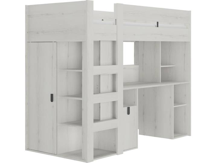 Hochbett GAMI Lugano , beige (eiche helvezia gebleicht, eiche helvezia gebleicht, eiche helvezia gebleicht), B:205cm H:169cm L:99cm, Hochbetten, Hochbett, All-in-one Bett