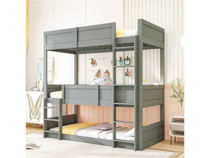 Lit superposé triple enfant 90 x 200 cm en bois gris modulaire 3 couchages avec barrières hautes