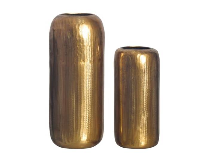 WOHNLING Dekovase 2er Set Aluminium Gold Zylinder Blumenvasen rund 2-teilig, Tischvasen Metall unaufgeregt, Designvasen handgefertigt, jedes Set ein Unikat