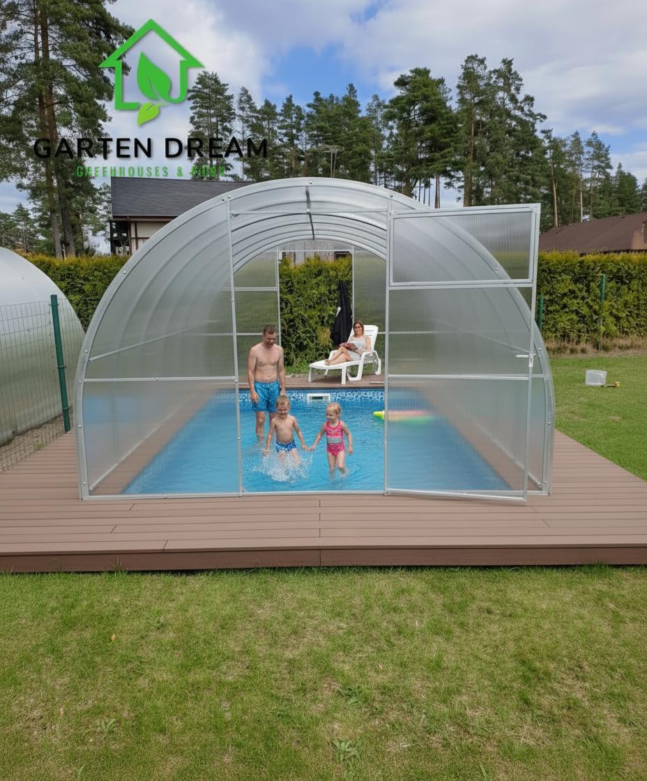 Poolabdeckung von Garten Dream. 3x10M mit 4mm polycarbonate Ganzjährige Nutzung. Schnee- und winddicht