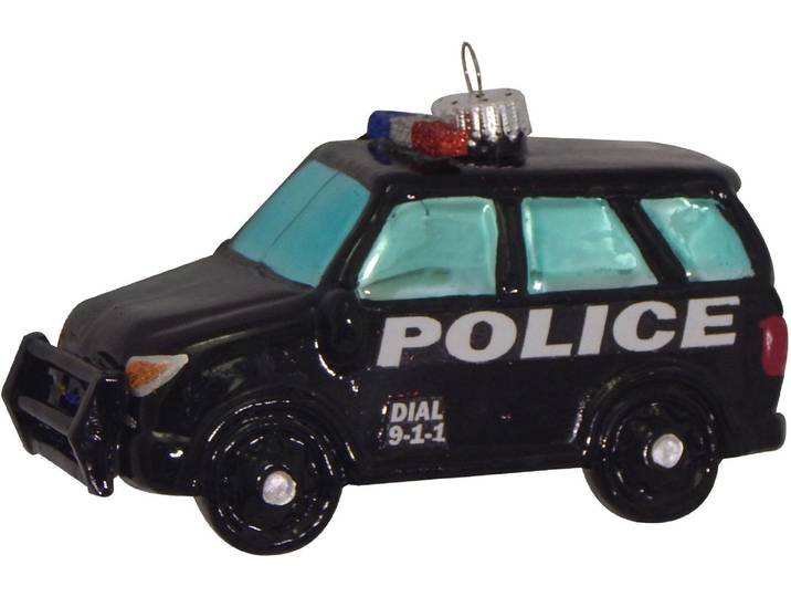 Christbaumschmuck KREBS GLAS LAUSCHA SUV-Polizeifahrzeug, Weihnachtsdeko, Christbaumschmuck , schwarz-weiss (schwarz, weiß), B:11cm H:12,5cm T:9,5cm, Glas, Weihnachtsbaumschmuck, Christbaumschmuck, mundgeblasen