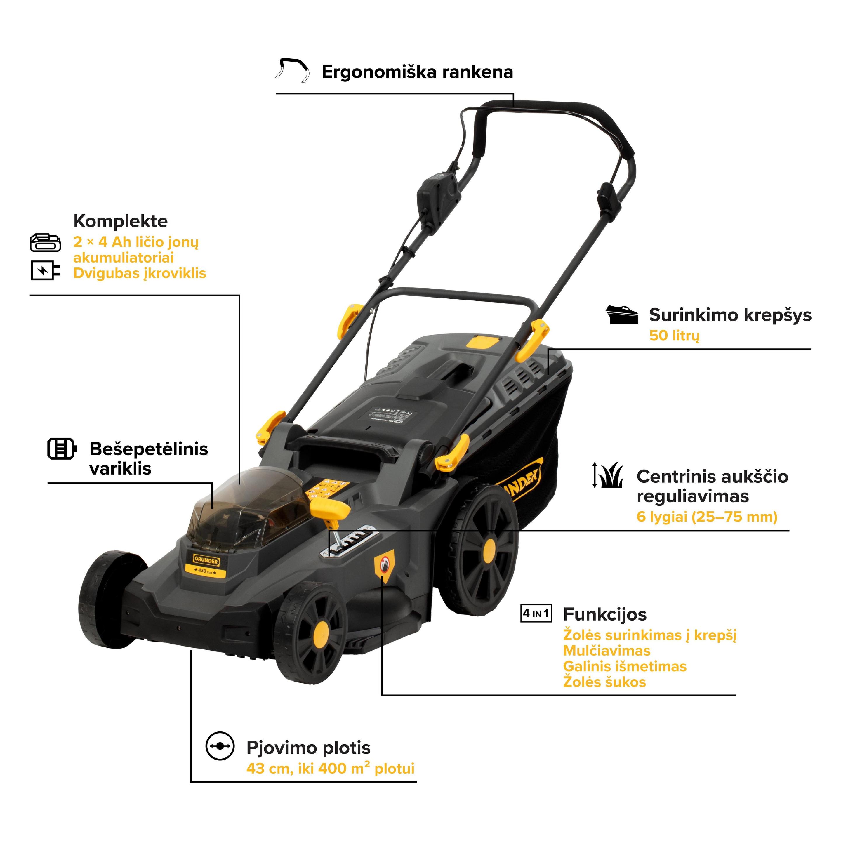 Grunder Batteriebetriebener Rasenmäher SF8A107-J, 43 cm (4772013460473)
