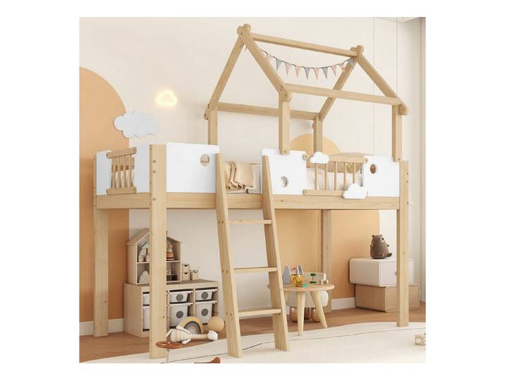 Flieks Hochbett Kinderbett Hausbett 90x200cm mit Fallschutz, dreistufiger Schrägleiter