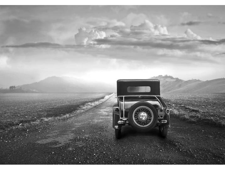 Fototapete PAPERMOON Landschaft mit Auto Schwarz Weiss , bunt, B:5m L:2,8m, Vlies, Tapeten, Fototapete