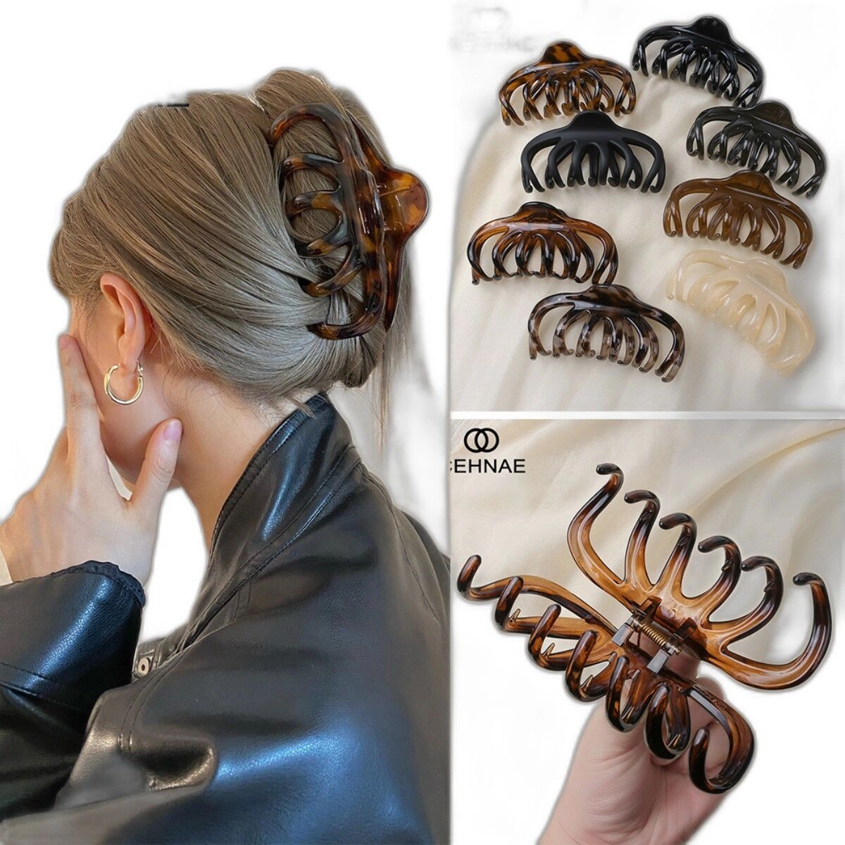 INF Lot de 3 grandes pinces requin en PC - Prise forte, dents larges pour cheveux épais, chignons sécurisés Gris