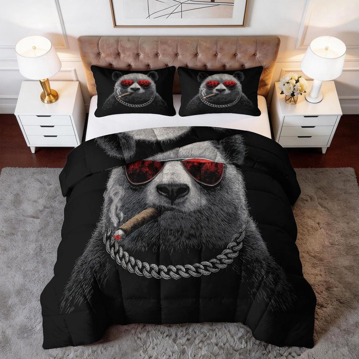 Panda Dekbedovertrek met Vintage Pop Art Design - Omkeerbaar - 220 x 240 cm