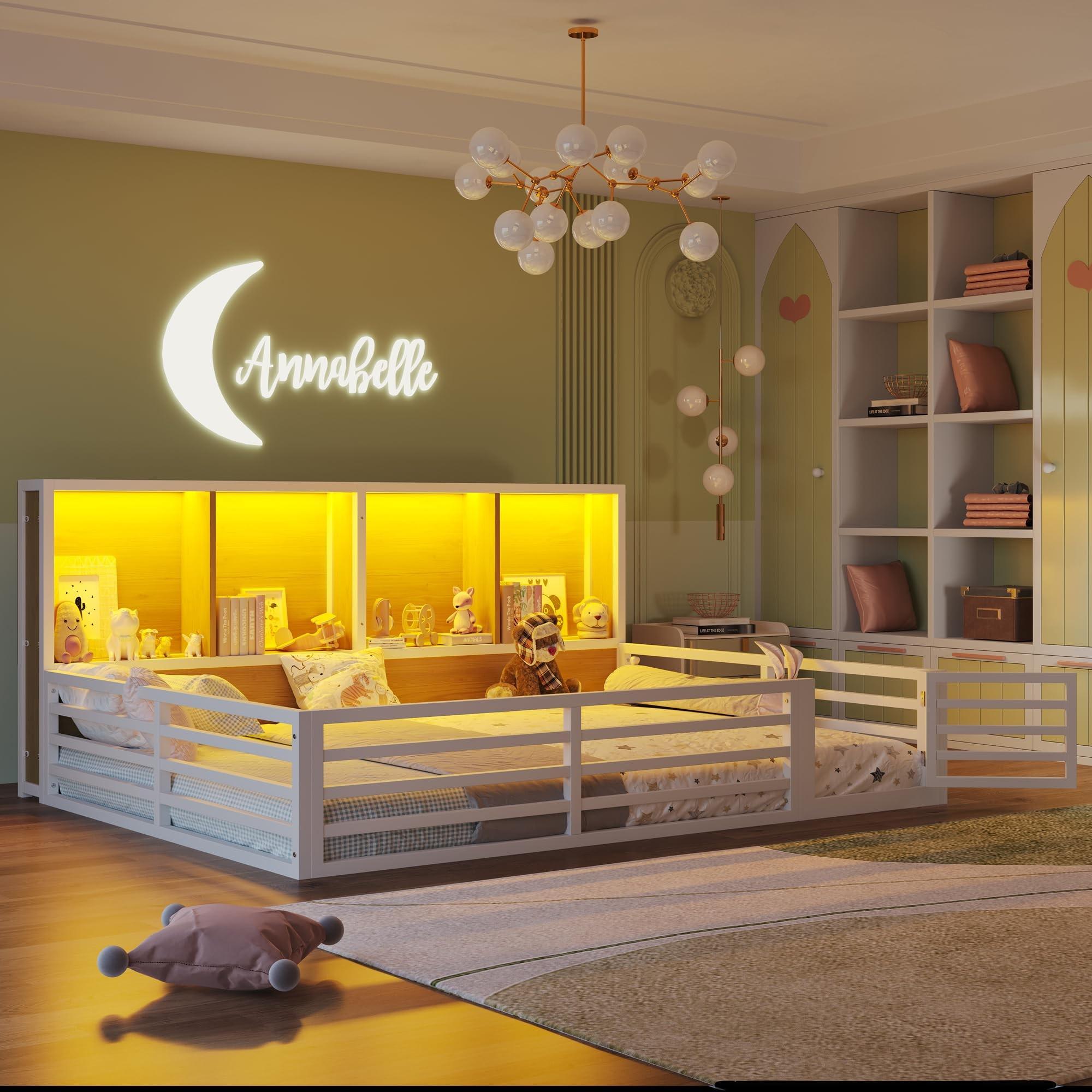 Montessori-Kinderbett, 140 x 200 cm - Mit Sturzschutz und 4 Aufbewahrungsfächern - Weiß