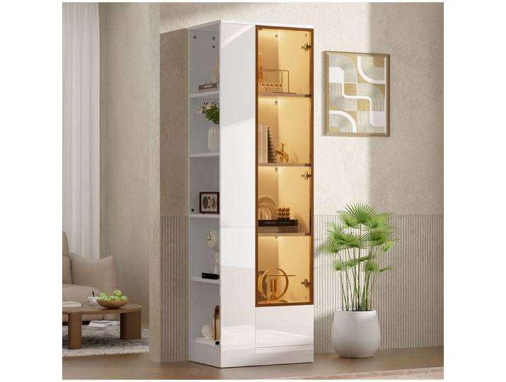 Vitrine LED EVRYAE 50 x 35 x 160 cm porte en verre rangement blanc brillant