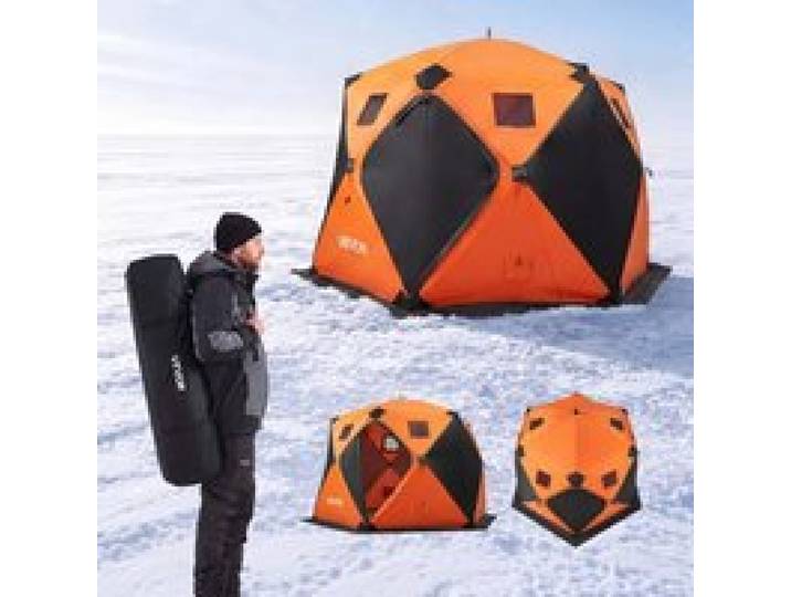 VEVOR Eisangelzelt Eisfischerzelt für 6-8 Personen 3,47x1,74x2,3 m Isoliert, fürs Winterangeln, 7,82 m² Fläche, 600D 4-Lagiges Gewebe, Tragbares Eisschutzzelt im Hub-Stil mit Ankern Seilen & Tragetasche