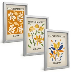BILDER SET 3er Set - 20x30 cm Silberner Rahmen - Blumenposter Paris Mailand London
