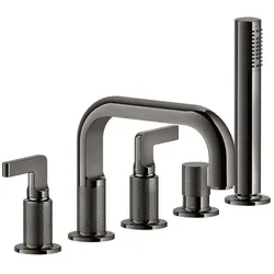 Gessi Inciso- 2-Hebel-Griff-5-Loch-Wannenrand-Armatur, Wannenauslauf 193 mm, separates Umschaltventil, Handbrause und 1,50 m Brauseschlauch, 58040706, Farbe: Metall Schwarz PVD