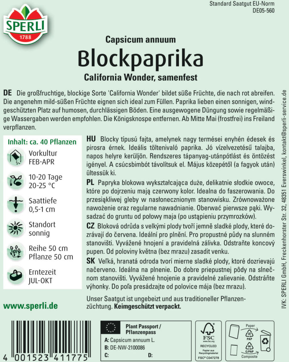 Sperli Blockpaprika California Wonder für ca. 40 Pflanzen