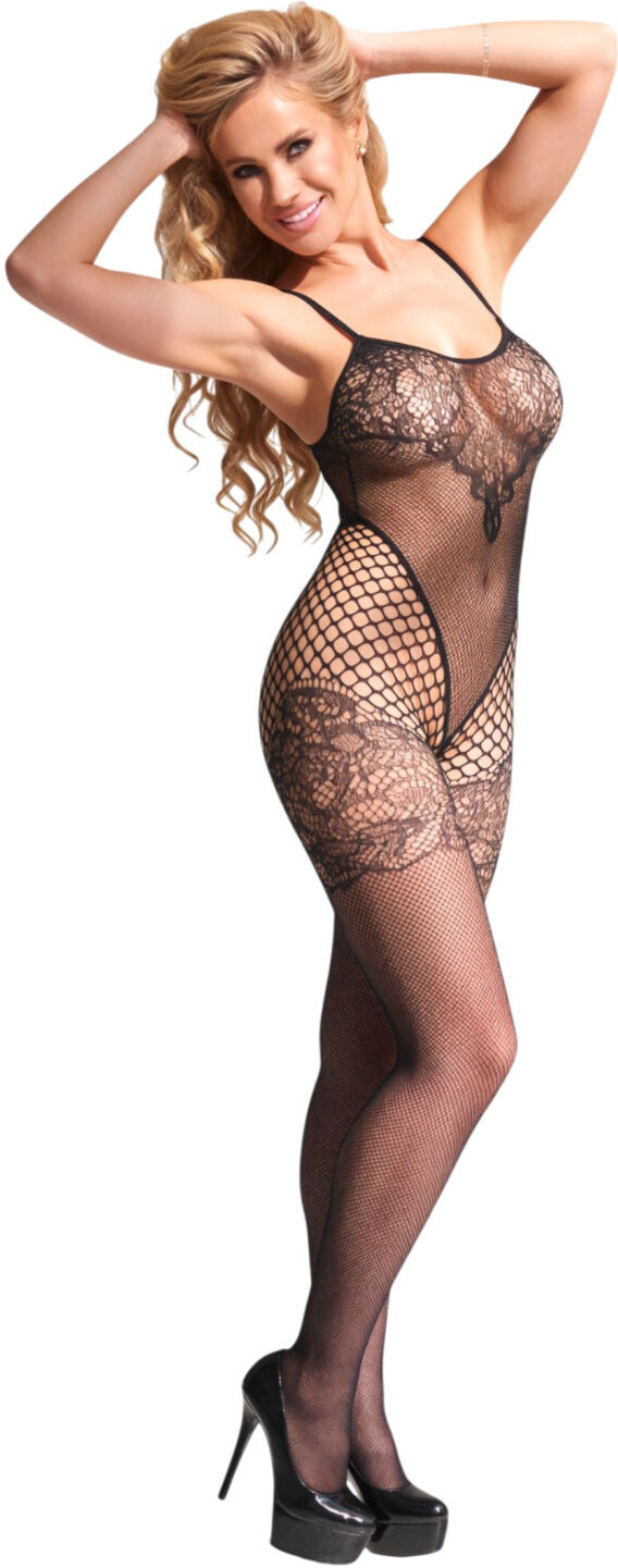 Cottelli Fantasy - black fishnet bodystocking with suspenders and open crotch (S-L)