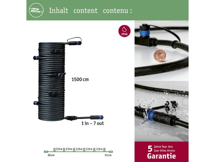 Plug & Shine Kabel 15m 7 uitgangen IP68 Zwart