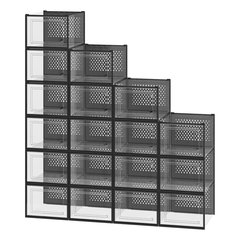 JOYFURNOS Set van 18 stapelbare sneaker-organizers, transparante plastic schoenendozen voor kastopslag, zwart en transparant