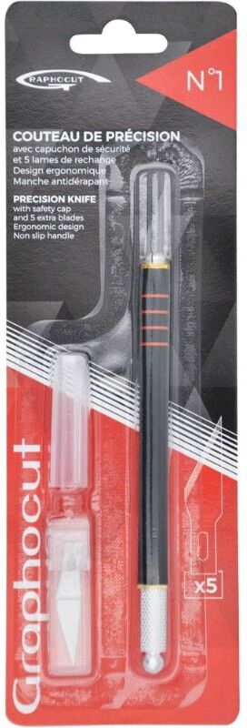 GRAPHO'CUT Couteau N°1 corps noir avec grip anti glisse et capuchon + 5 lames n°1