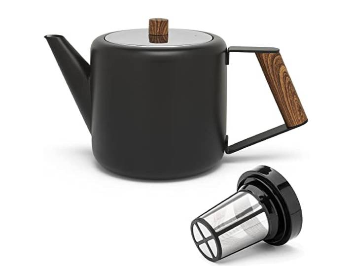Bredemeijer Teekanne Set 1.1 Liter - Kanne aus Edelstahl doppelwandig schwarz - großer moderner Teebereiter mit Holzoptik-Griff & Tee-Filter-Sieb-Aufsatz -ideal für losen Tee