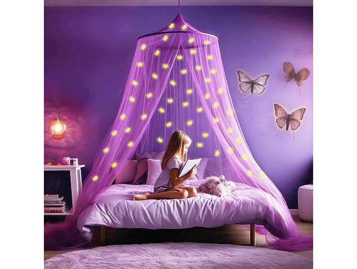 Paarse Klamboe met Glow in the Dark Eenhoorns - Hemelbed voor Kinderkamer