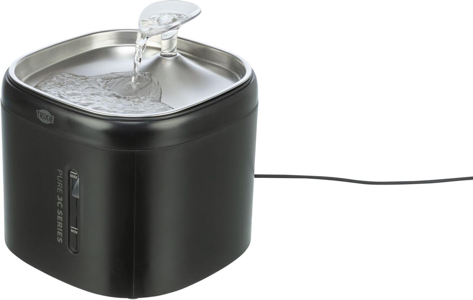 TRIXIE Aqua Pure Trinkbrunnen mit Edelstahltrinkschale und Wasserstandsanzeige, schwarz