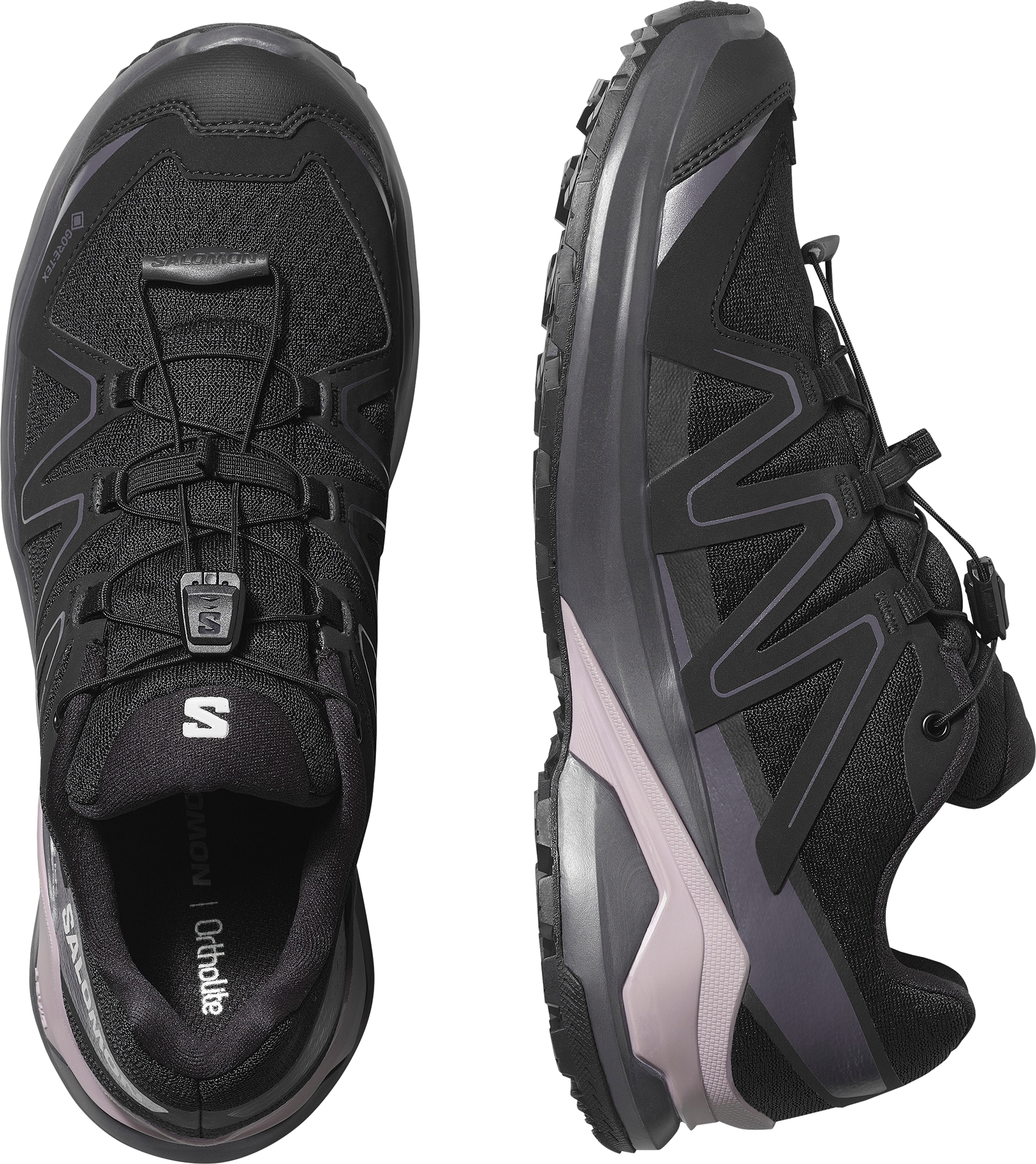 Trailrunningschuh SALOMON "EXAMOTION GORE-TEX", Damen, Gr. 42,5, schwarz (schwarz, nine iron, nirvana), Synthetik, Textil, Schuhe Trailrunningschuh, wasserdicht schwarz, nine iron, nirvana 42,5