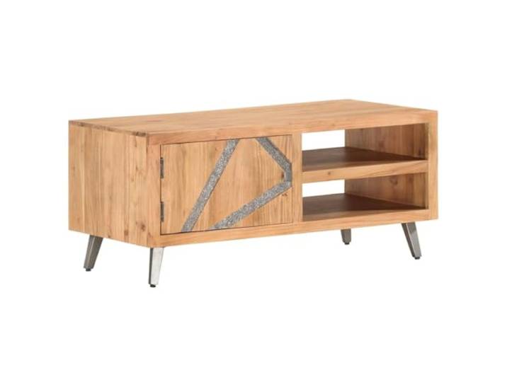 Tmriohed Couchtisch Akazie Massivholz 90x45x40 cm Metallbeine Holztisch Rustikaler Wohnzimmertisch mit 2 Fächern und 1 Tür aus Holz und Stahl für ordentliche Aufbewahrung im Industrie Design.