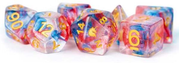 Unicorn Cosmic Carnival Resin Poly Dice Set by Metallic Dice Games, 7-Piece Set, 16mm, Blue/Purple/Green Glitter, Tabletop Role-Playing Games