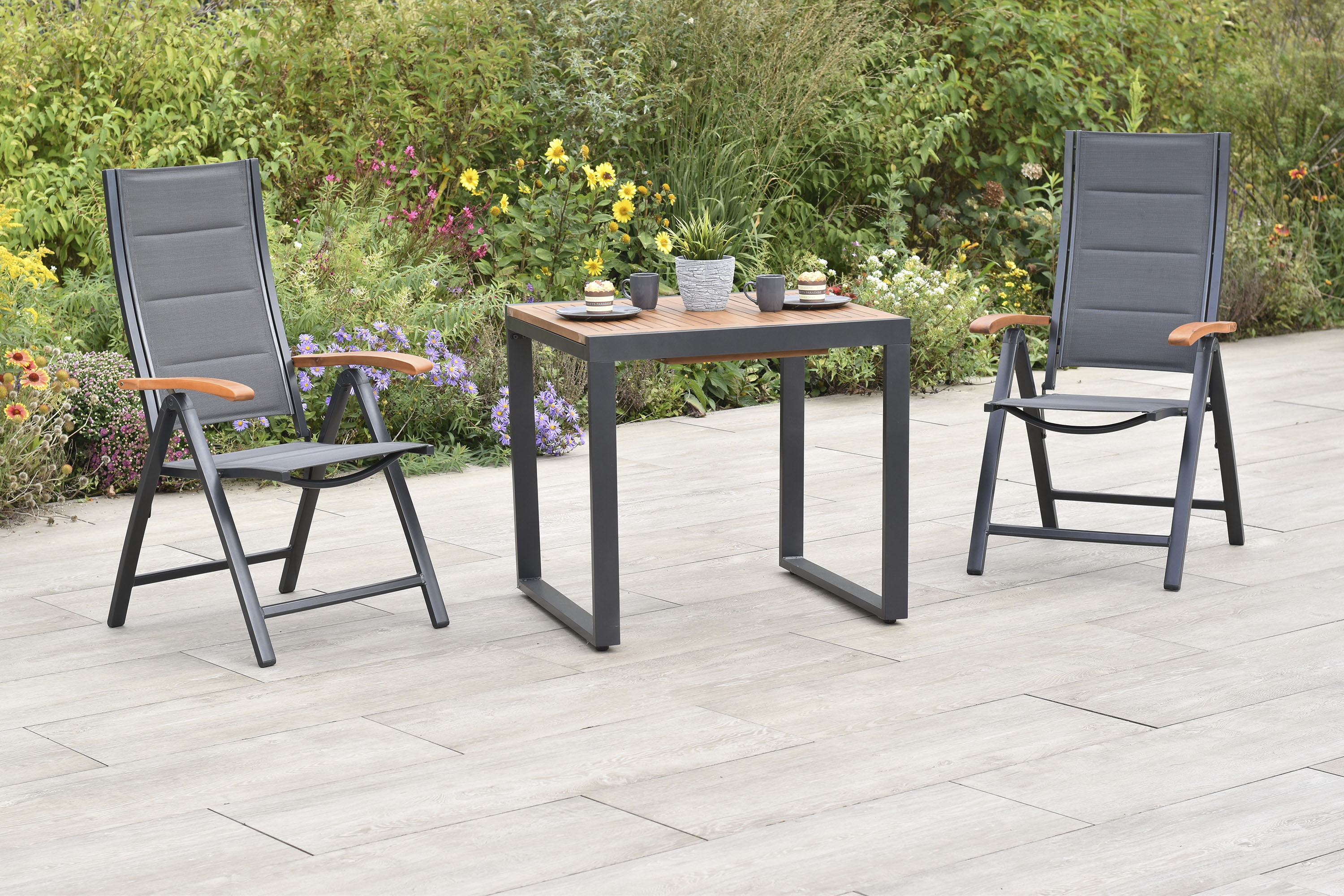 Balkonset MERXX "Paxos", schwarz (graphit, grau, graphit), B:58cm H:110,5cm T:74cm, Aluminium, FSC-zertifiziertes teilmassives Holz, Polyester, Sitzmöbel-Sets, Balkonset, inkl. 2 Klappsessel, 1 Balkonausziehtisch