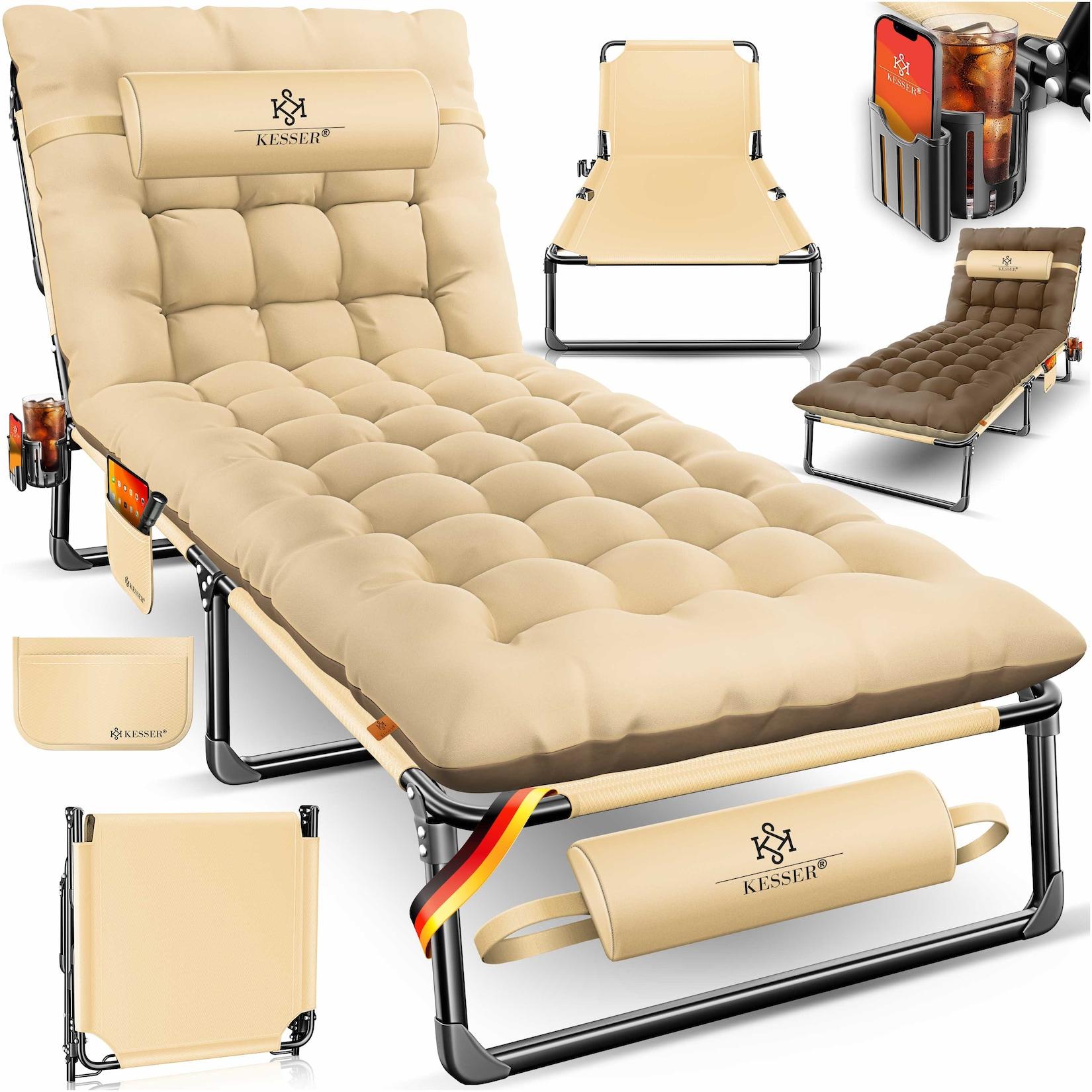 KESSER® Campingbett klappbar mit Tragetasche, Nackenkissen, Vakuumtasche & Getränkehalter, 190 x 68 x 30 cm bis 250 kg belastbar, aus Oxford-Gewebe und stabilem Stahlgerüst, ideal für Garten Camping