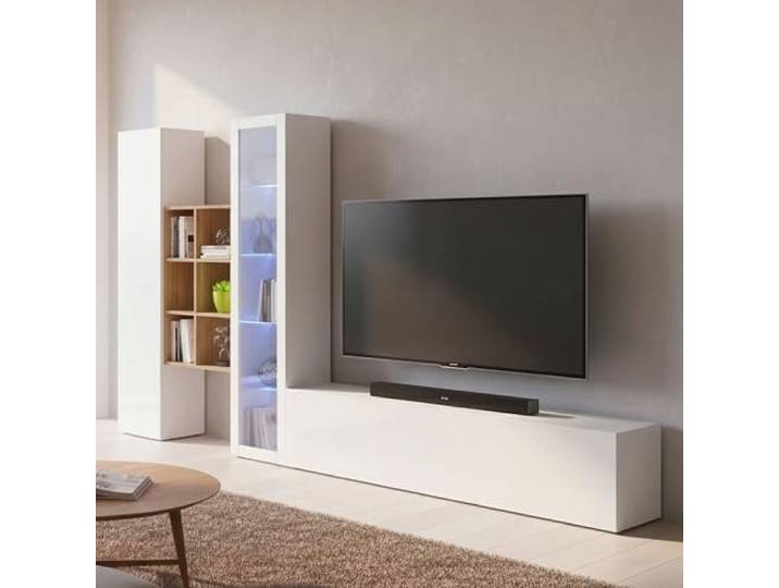 Dmora - Ausgestattete Wand Eugenio, 3-türiges TV-Ständer-Wohnzimmerset, Mehrzweck-Wohnzimmermöbel mit Vitrine und LED-Licht, 100% Made in Italy, 320 x 30 x 180 cm, glänzendes Weiß,