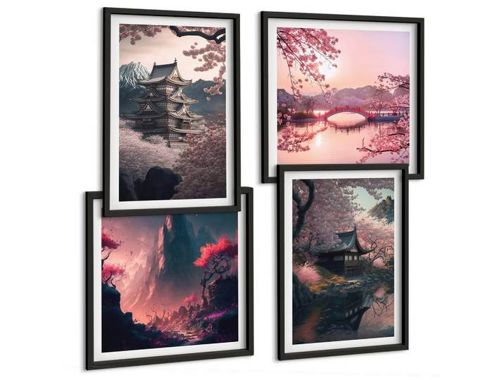 Tulup Bilder SET 4er Set - 50x50 cm & 40x60 cm Schwarzer Rahmen - Fantasielandschaften Japans, Kunststoff, Rechteckig, 50x50 cm, gerahmt, Bilder & Rahmen, Bilder