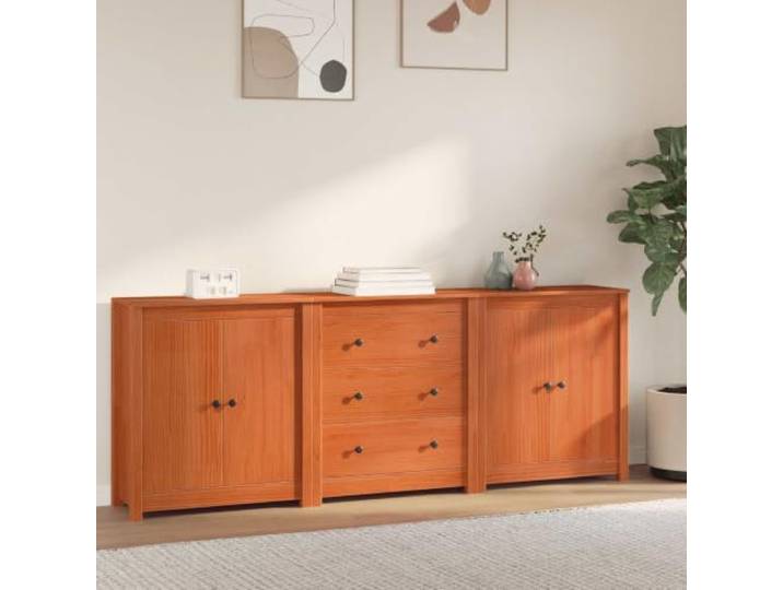 RJPLMFV Anrichte mit 3 Schubladen, massives Kiefernholz, Braun gewachst Regaltüren, Metallgriffe, TV-Schrank, niedriger Schrank, Wohnzimmer
