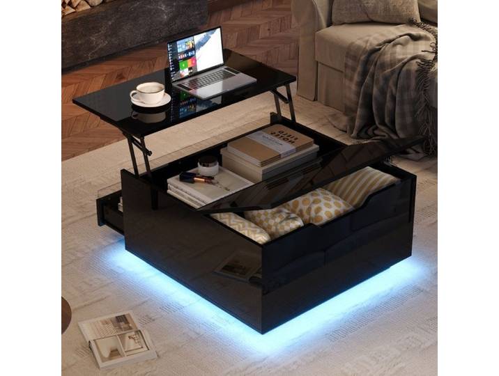 LPOSPI Table basse relevable avec rangement et LED 1 tiroir design moderne 70x70x38 cm - noir laqué