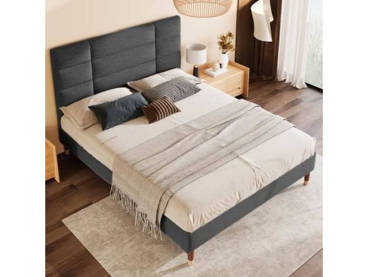 Lit capitonné adulte 140x200cm avec sommier à lattes - JAERLIUB - Lit double - Gris