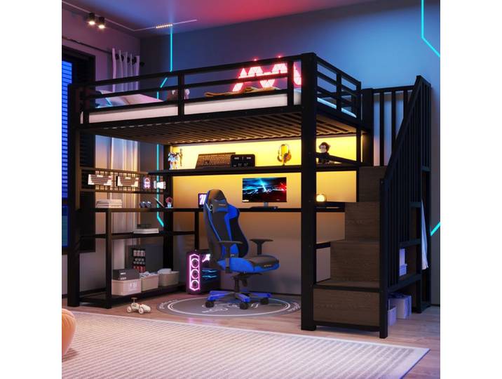 Lit superposé gaming noir 90x200 cm avec bureau LED et dressing